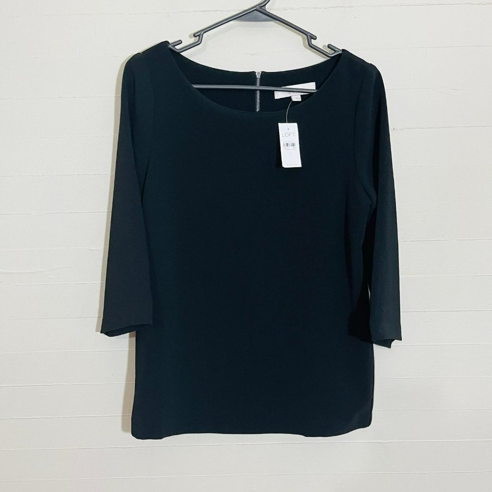 NWT Ann Taylor Loft Black Boat Neck 3/4 Length Sleeve Blouse SZ S